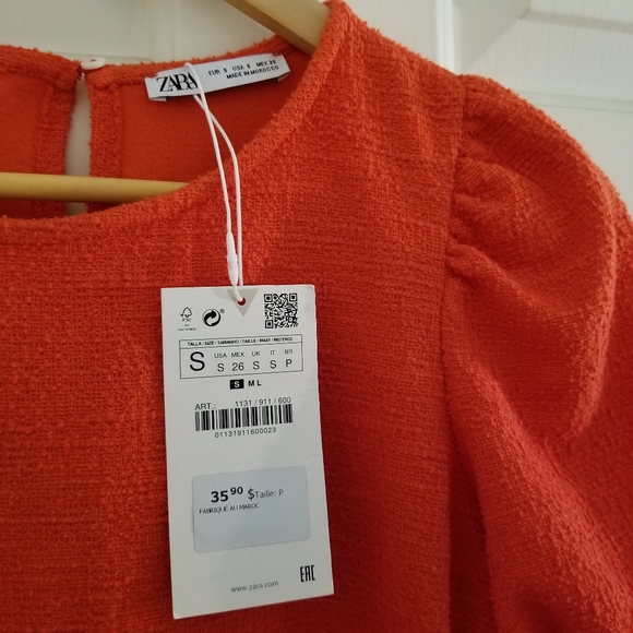 🌷ZARA • Orange Tweed-effect Short Puff Sleeve A-Line Shift Dress NWT - Picture 8 of 15